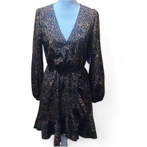 NWT Abound Nordstrom Black Brown Abstract Long Sleeve Ruffle Dress S